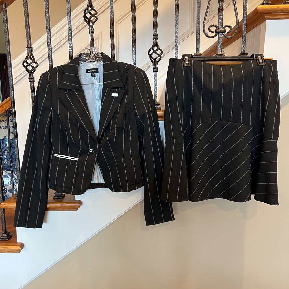 Bebe Black Pinstripe Blazer size 6 and Skirt size 8 Set